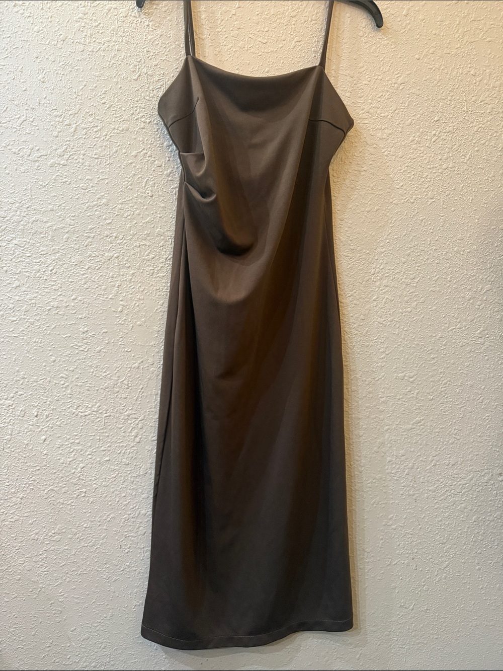 Satin Cowl Midi Slip Dress in Brown